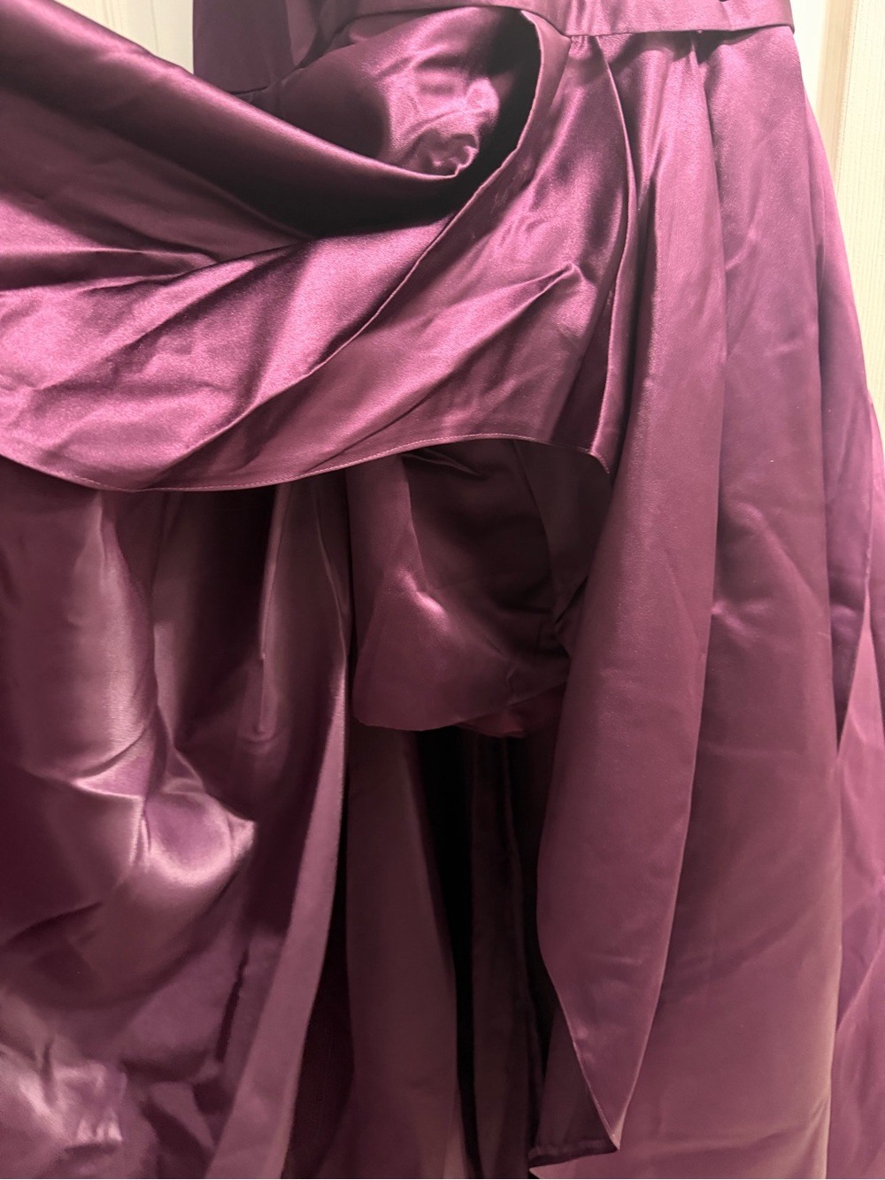 Sleeveless Plum Satin Prom Dress with Draped Skirt - Picture 3 of 5